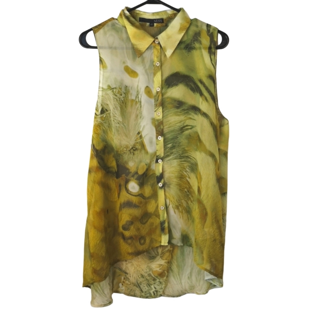 Ness Large Green Peacock Print Sheer Sleeveless Button Up Tunic Top